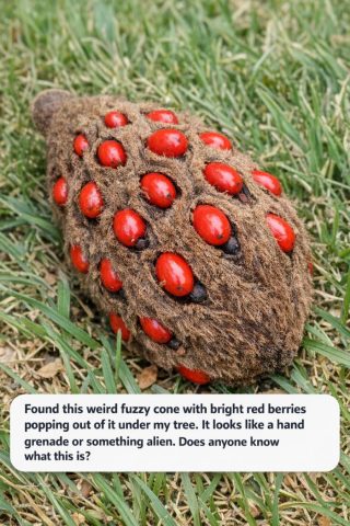 Found this weird fuzzy cone with bright red berries popping out of it under my tree. It looks like a hand grenade or something alien. Does anyone know what this is?